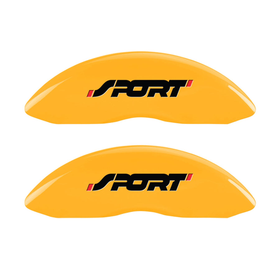 Caliper Covers MGP 10229SSP1YL Yellow (Set of 4, Engraved Front and Rear: No bolts/Sport, Yellow powder coat finish, black characters)