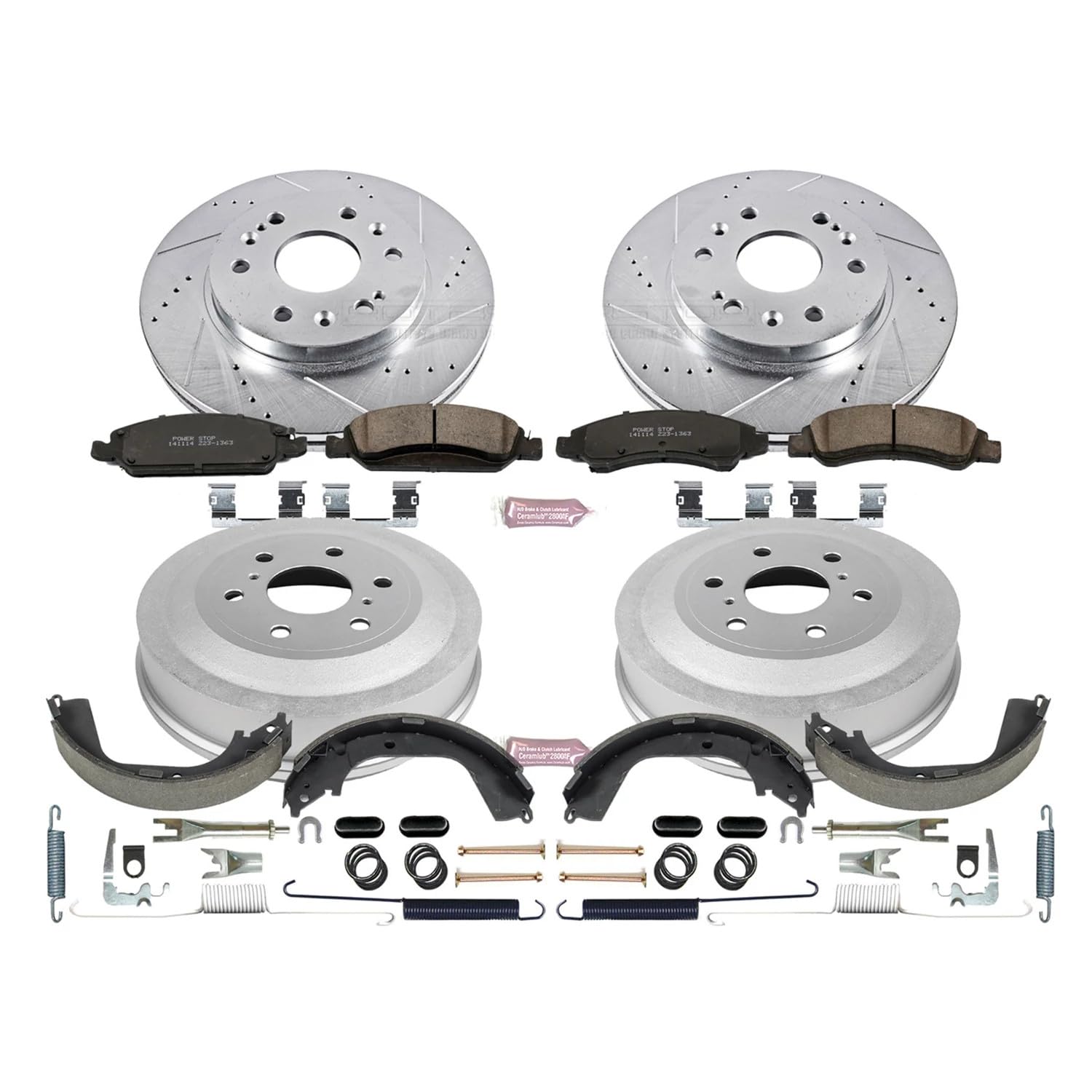 Power Stop K15263DK Z23 Carbon Fiber Brake Pads Front and Rear with Drilled and Slotted Brake Drums Kit For 2009 - 2013 Chevy Silverado 1500 GMC Sierra 1500