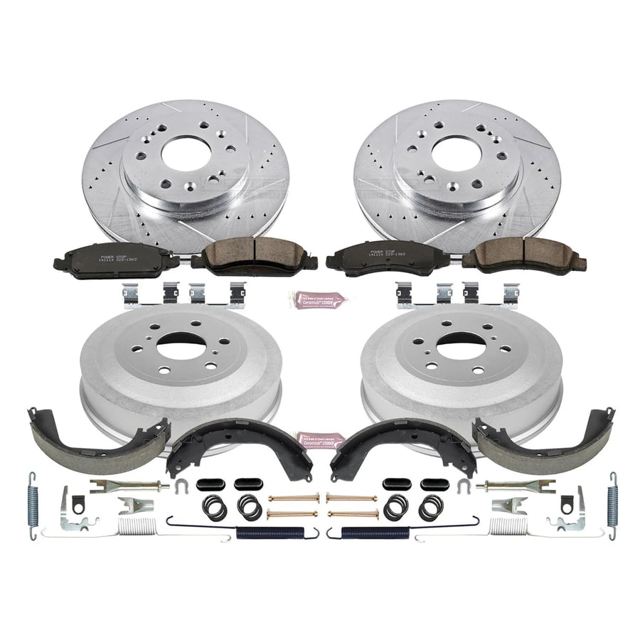 Power Stop K15263DK Z23 Carbon Fiber Brake Pads Front and Rear with Drilled and Slotted Brake Drums Kit For 2009 - 2013 Chevy Silverado 1500 GMC Sierra 1500