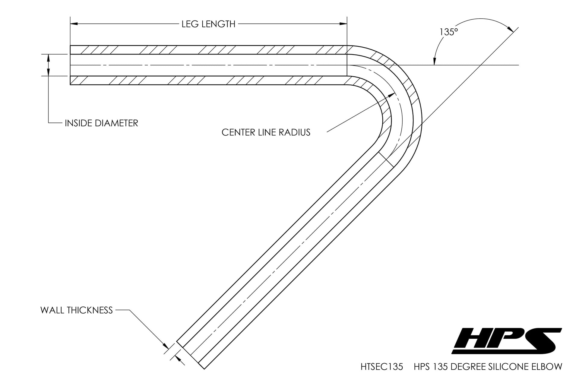 HPS High Temp HTSEC135-225-BLK 4-ply Reinforced Silicone 135 Degree Elbow Coupler Hose, 2-1/4" ID, 5mm Wall Thickness, 5" Leg Length on each side, Black