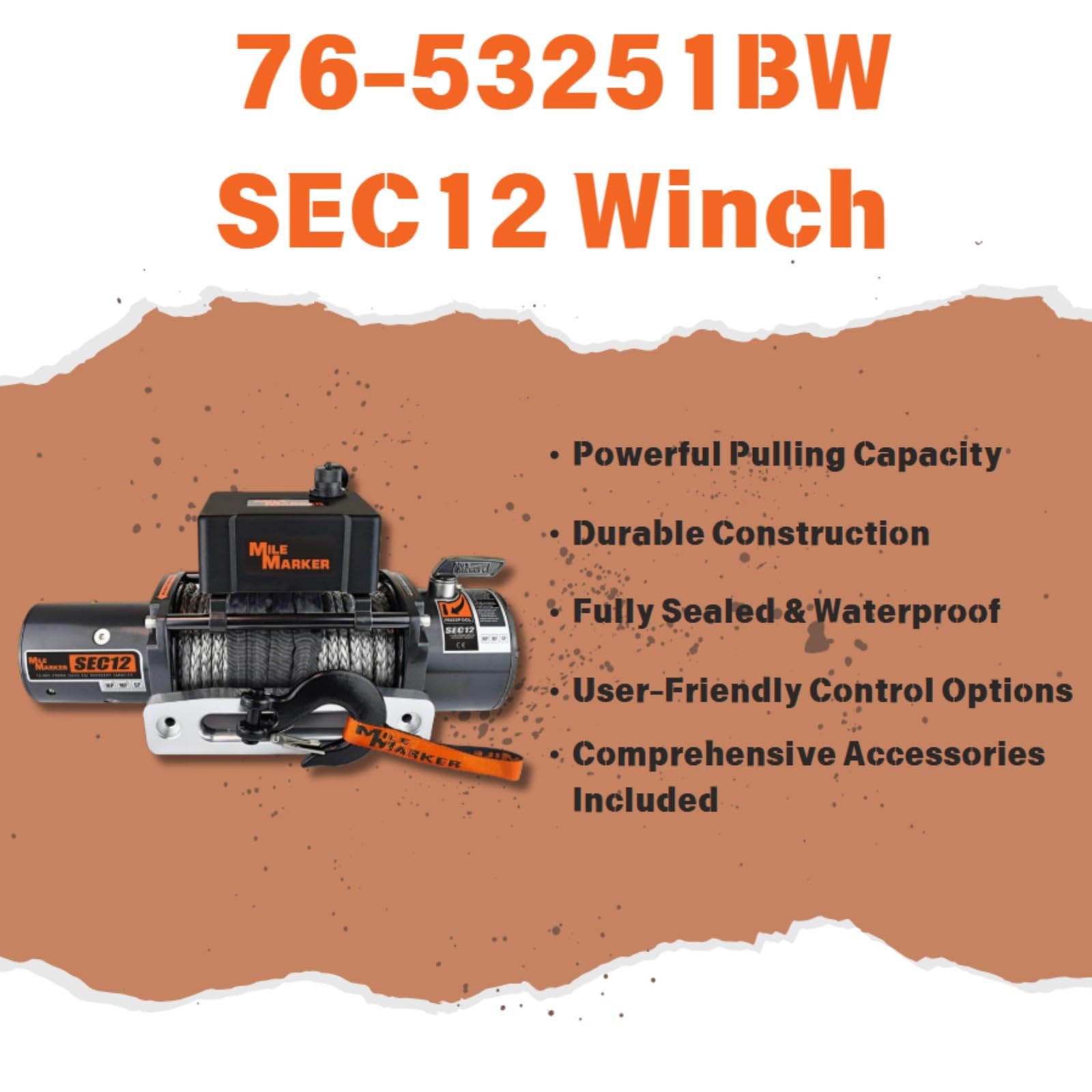 SEC12 Mile Marker 76-53251BW Winch - 12000 lb. Pull Strength - Synthetic Rope & Hawse Fairlead - Built for Tough Terrains - Waterproof - Handheld Remote Controller Included - Withstands Rigorous Use