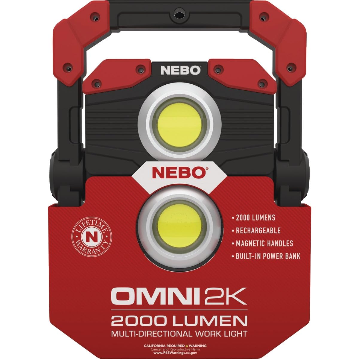 OMNI 2K NEBO Rechargeable Work Light | 2000 Lumens COB, 6 Light Modes, Rotating Magnetic Handles, Built-In Power Bank, Water Resistant, Portable Camping Lantern, Includes USB-C Charging Cable