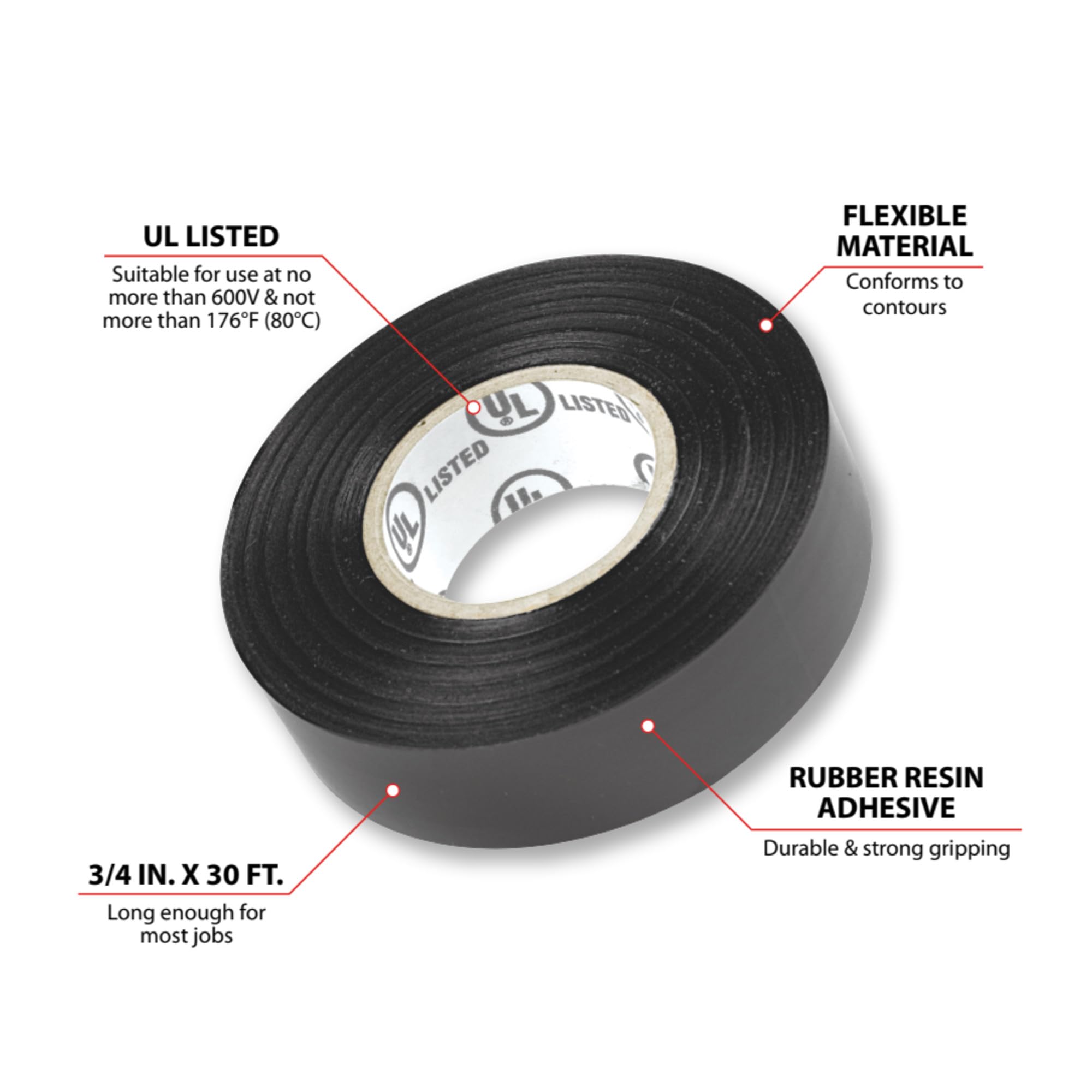W6085 Performance Tool 3/4-in x 30-ft Black Electrical Tape: General Purpose, Cable Insulation, Wire Bundling, Rubber Resin Adhesive, Flexible, 600V and 176-Degree (F) Tolerance