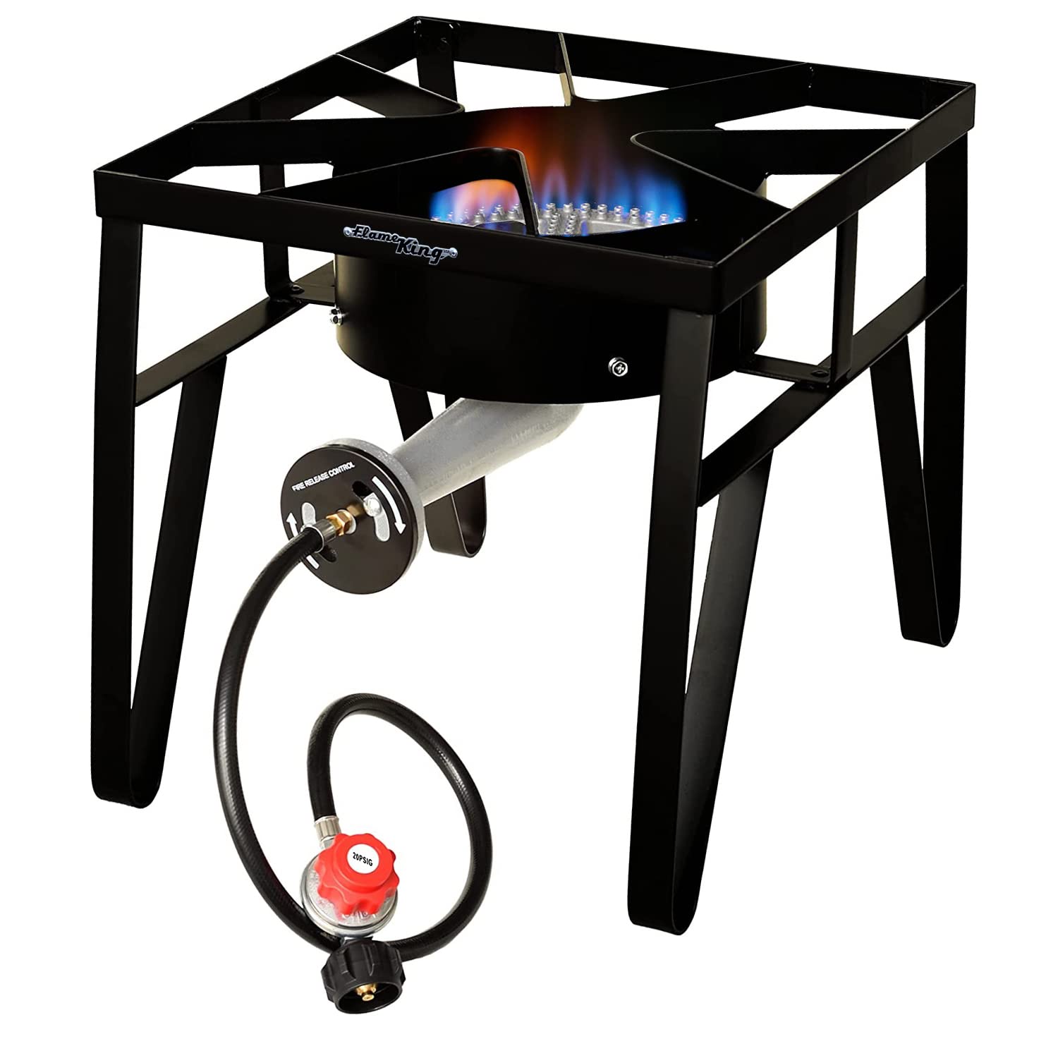 Flame King 200K BTU Heavy Duty, 0-20 PSI, Propane Gas Single Burner Bayou Cooker Outdoor Stove for Home Brewing, Turkey Fry, Maple Syrup Prep, Cajun Cooking, Black