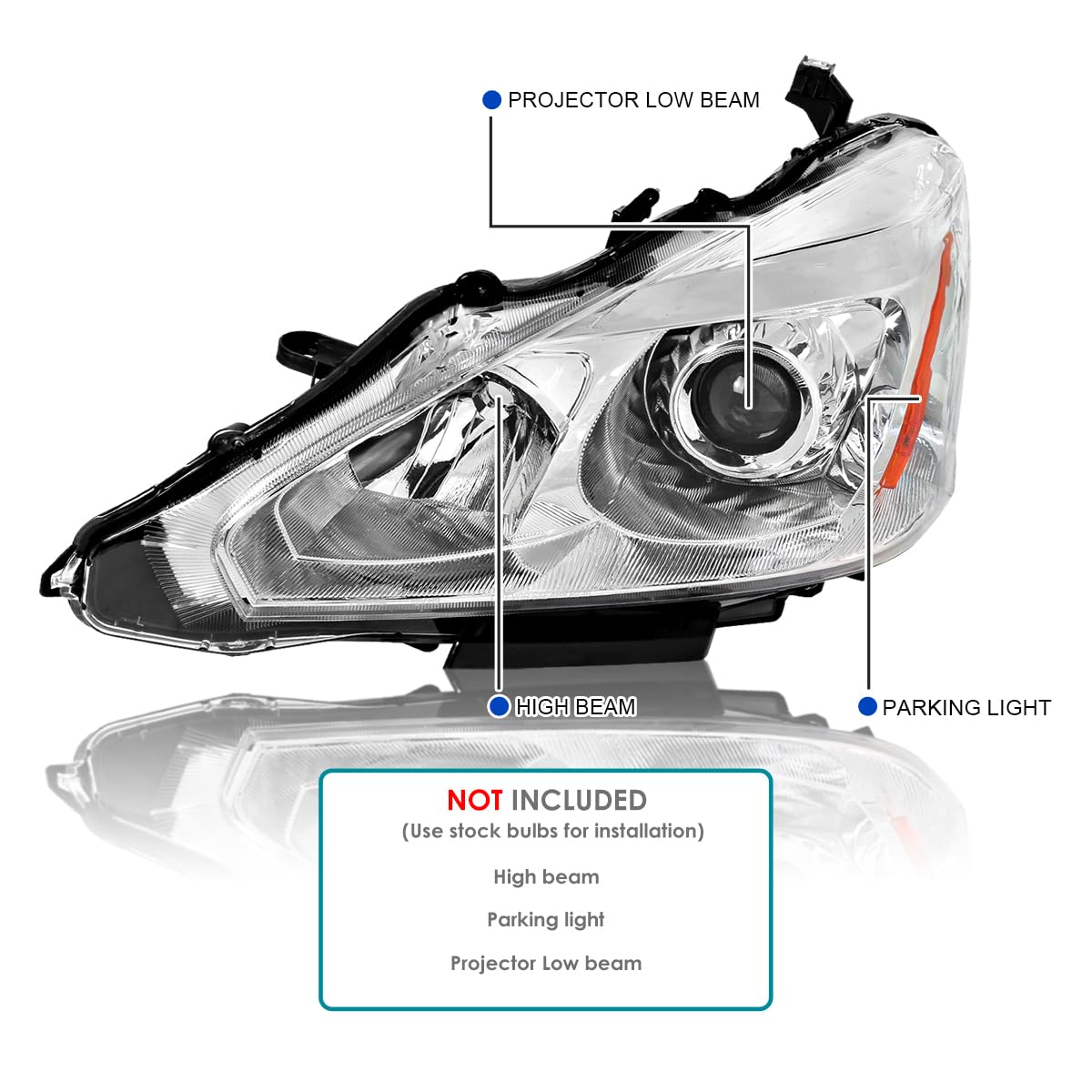 Left Driver Side SPEC-D TUNING Chrome Projector Headlight Compatible with 2013-2015 Nissan Altima Sedan, Headlamp Assembly