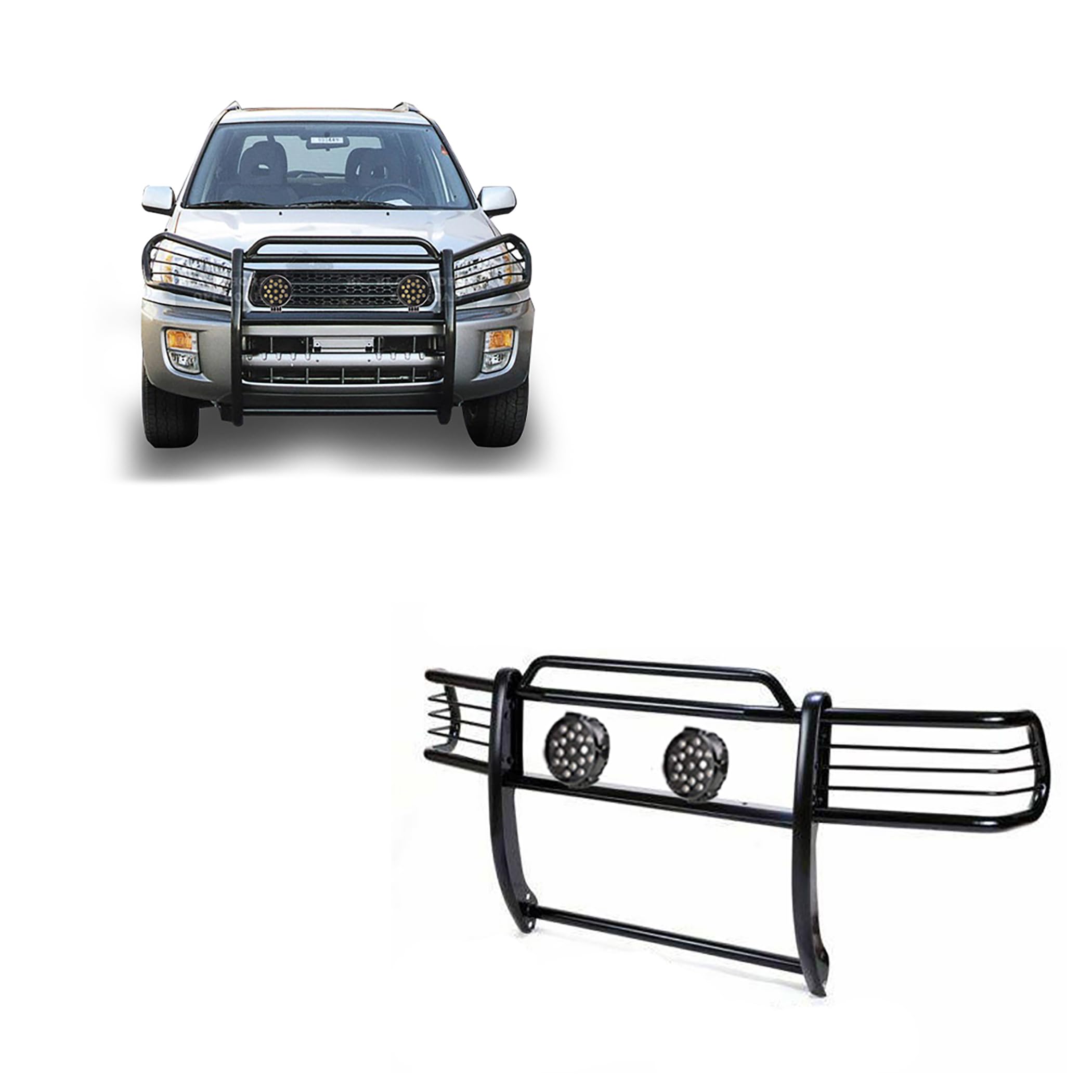 Bumper Guard Modular Black Horse Grille brush Come With pair of 7.0"Dia.LED Lights with Black Trim Rings Compatible with 2001-2005 Toyota RAV4-17TH26MA-PLB