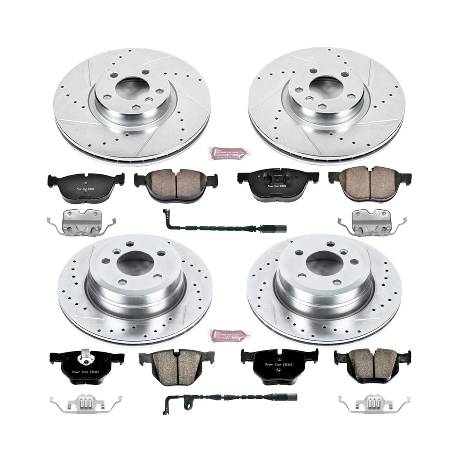 Power Stop K6162 Z23 Carbon Fiber Brake Pads Front and Rear with Drilled & Slotted Brake Rotors Kit and 1 Front & 1 Rear Sensor Wires