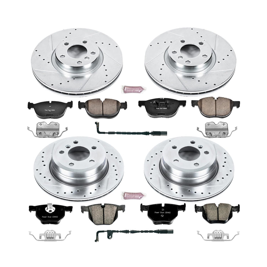 Power Stop K6162 Z23 Carbon Fiber Brake Pads Front and Rear with Drilled & Slotted Brake Rotors Kit and 1 Front & 1 Rear Sensor Wires