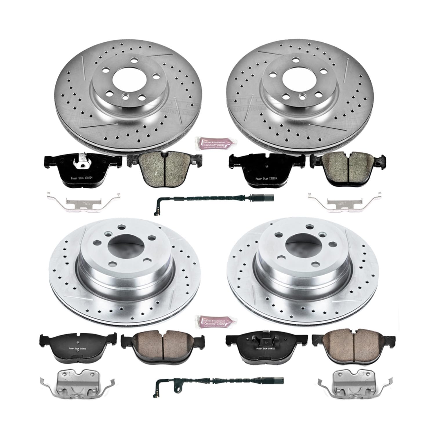 Power Stop K6063 Z23 Carbon Fiber Brake Pads Front and Rear with Drilled & Slotted Brake Rotors Kit and 1 Front & 1 Rear Sensor Wires For BMW X5 2007-2010 [Model Specific]