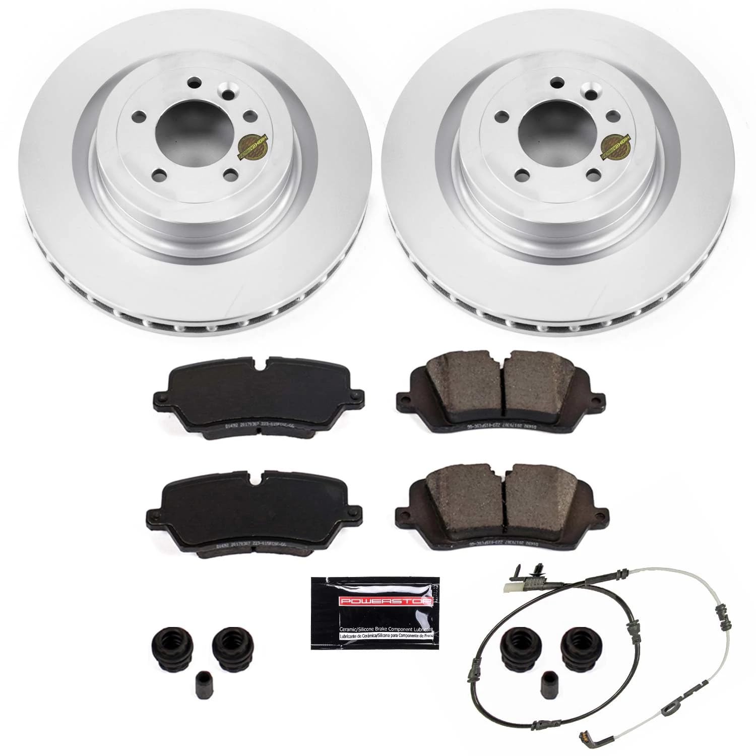 Power Stop Z23 Evolution Rear Brake Kit-Rotors and Coated Brake Pads and 1 Rear Sensor Wire For Defender, Range Rover, Defender, Range Rover Sport [Model Specific]