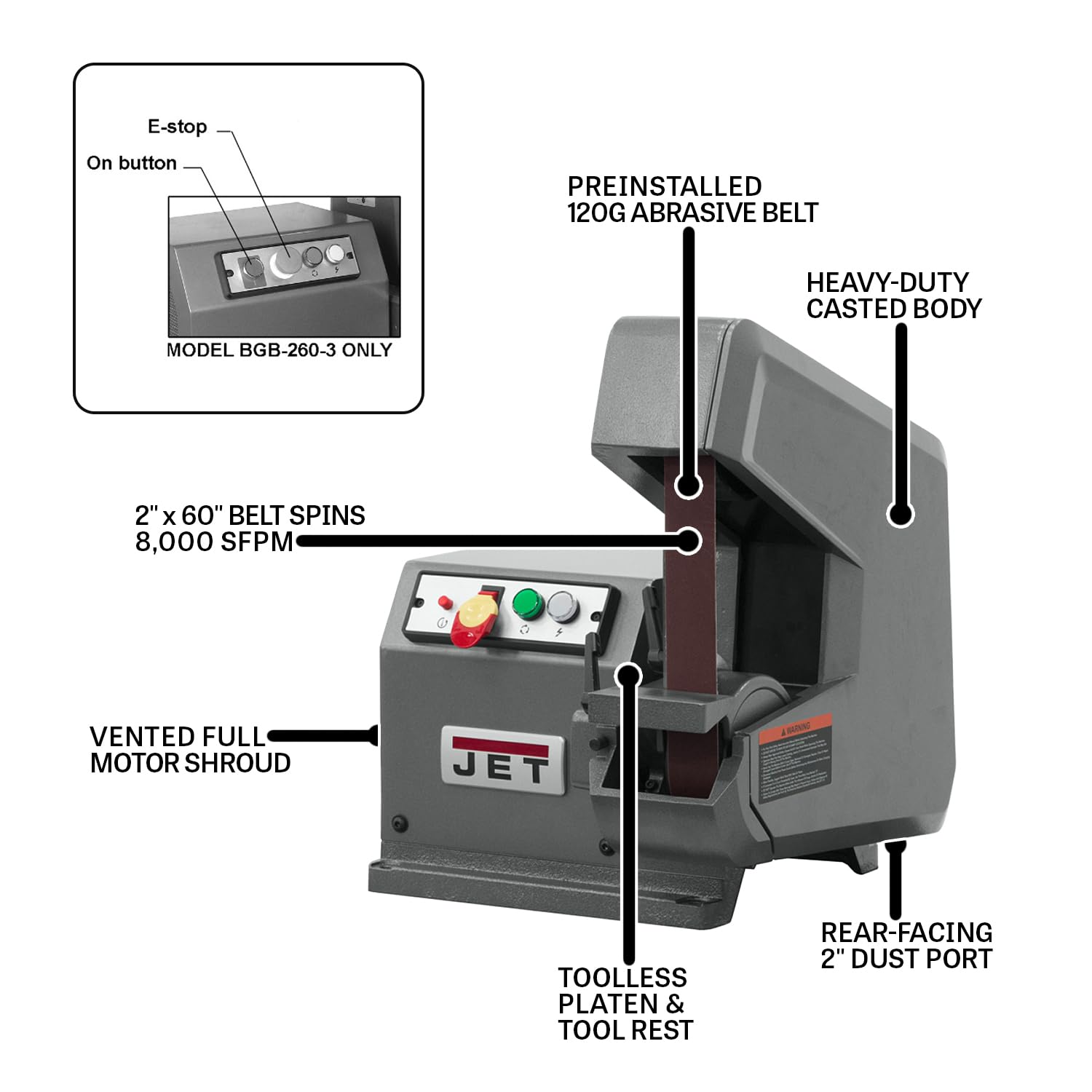 JET 2" x 60" Belt Grinder Three-Wheel, 3Ph 230/460V (BGB-260-3)