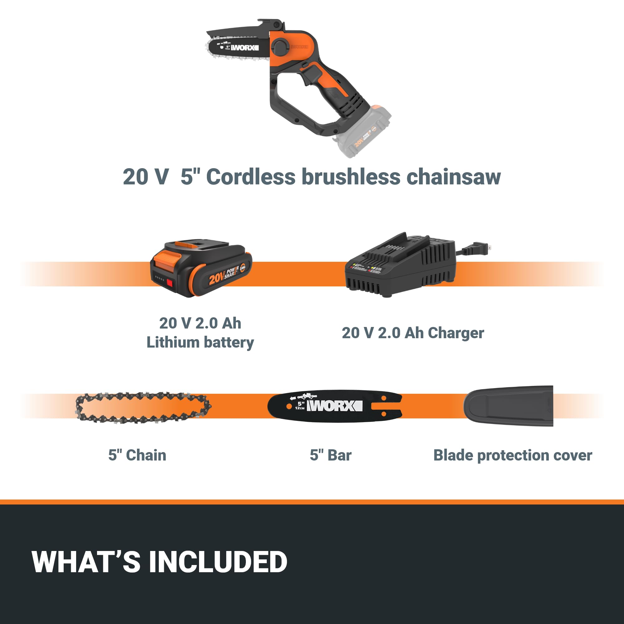 20V Worx 5" Mini Cordless Chainsaw, 3.9 lbs, 22 ft/s Chain Speed, Power Share Battery, Upper & Hand Guard WG324 - Battery & Charger Included