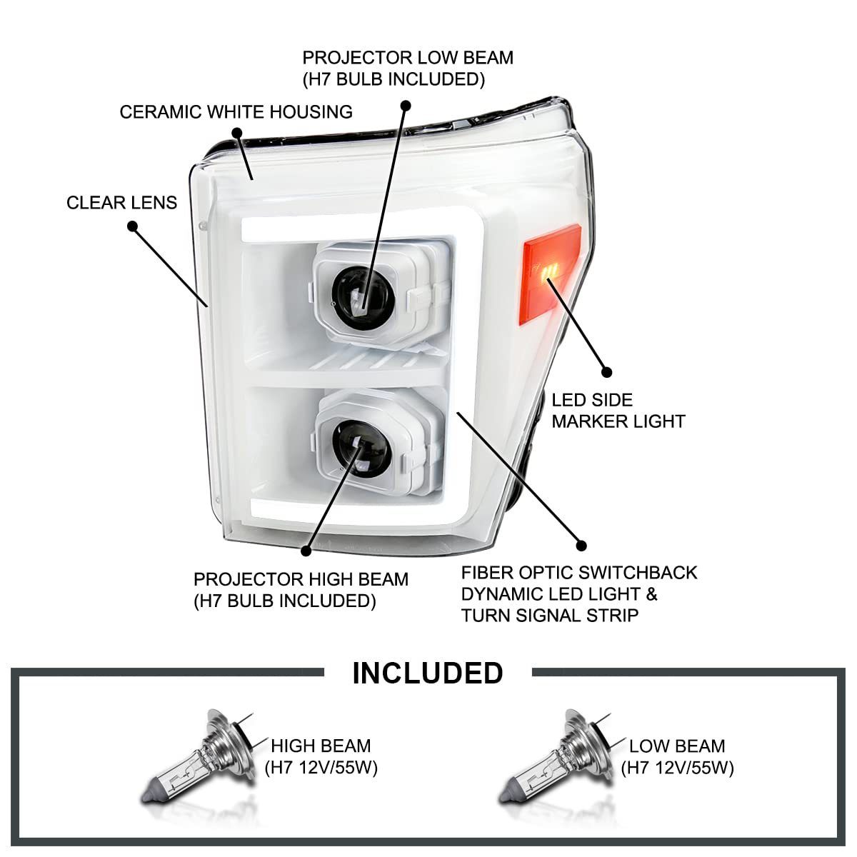 Special Edition SPEC-D TUNING Arctic White Projector Headlights w/Switchback Sequential LED Bar and Startup Animation Compatible with 2011-2016 Ford F250 F350 F450 F550 Super Duty, Left + Right Pair
