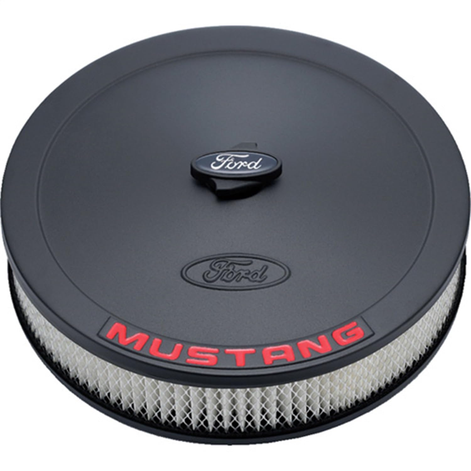 302-362 Ford Air Cleaner Assembly - 13 in Round - 2.625 in Element - 5-1/8 in Carb Flange - Drop Base - Red Mustang Logo - Steel - Black Crinkle - Kit