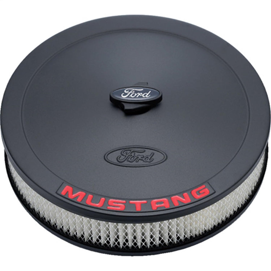 302-362 Ford Air Cleaner Assembly - 13 in Round - 2.625 in Element - 5-1/8 in Carb Flange - Drop Base - Red Mustang Logo - Steel - Black Crinkle - Kit