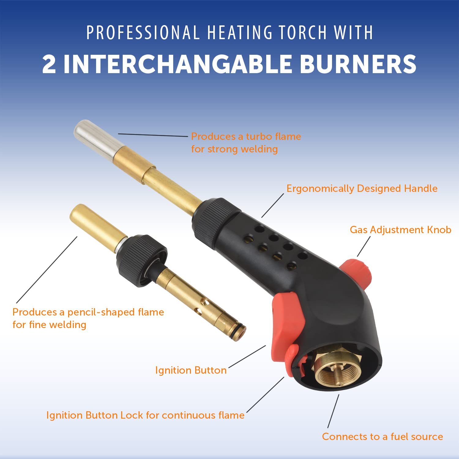 Flame King Blow Torch Propane Gas with Push Button Igniter & 2 Interchangeable Heads great for Soldering, Searing, Brazing, Welding