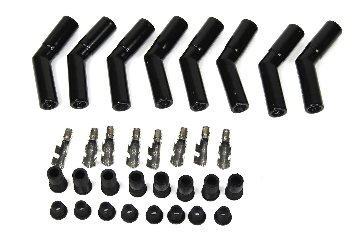 Pertronix Black Ceramic Spark Plug 8563HT-8 Boot 45 Degree Set of 8 includes silicone plug and wire bushings, stainless steel spark plug terminals and high temp ceramic boots
