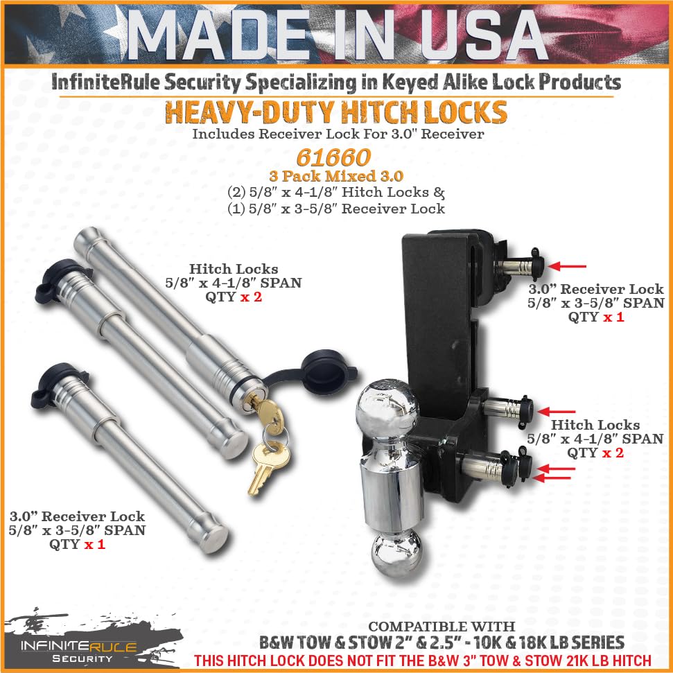 Security InfiniteRule 61660 | 3 Pack Mixed 3.0, Keyed Alike, Hitch Locks for B&W 2" & 2.5" Tow and Stow 10K LB & 18K LB - Includes Lock for 3.0" Receiver