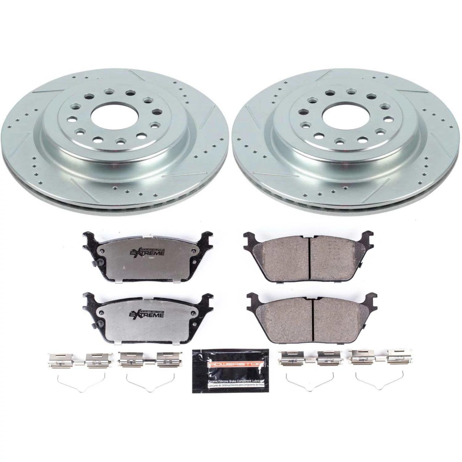 Rear Brake Kit Power Stop For 2019 2020 2021 2022 2023 2024 2025 Ram 1500 - Truck & Tow Carbon Fiber Ceramic Brake Pads & Drilled and Slotted Rotors Replacement, K8184-36