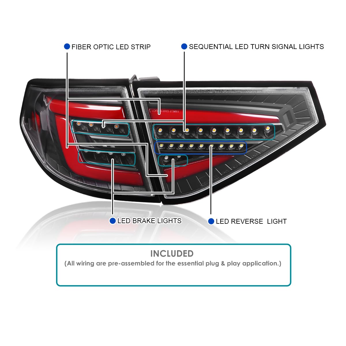 Black Sequential Tail Lights w/Red LED Bar SPEC-D TUNING Compatible with 2008-2014 Subaru Impreza WRX Hatchback, Left + Right Pair Assembly