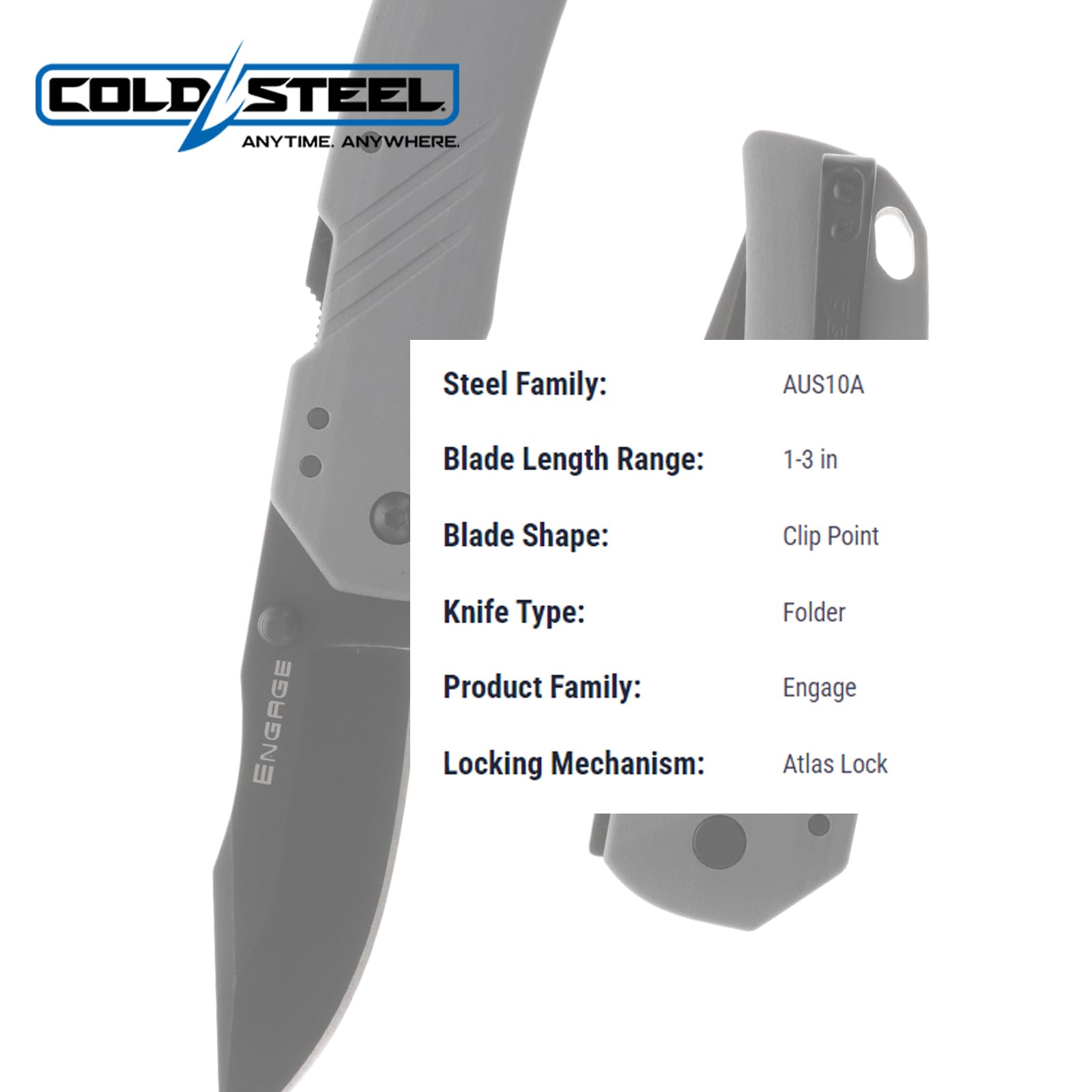 COLD STEEL 3in Engage AUS10A Steel Clip Point Blade 4.25in Grey G10 Handle Everyday Carry Tactical Ambidextrous Folding Knife