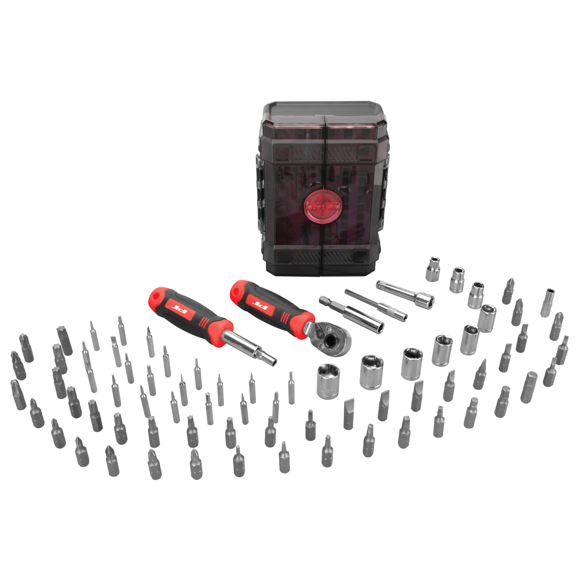 W1745 Performance Tool 78 Pc. Ratcheting Driver Tool Set, 1/4 in. Drive Ratchet, Bit Driver, Extensions, Bit Holders, Bits and Sockets, Storage Case, Red