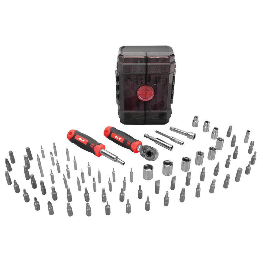 W1745 Performance Tool 78 Pc. Ratcheting Driver Tool Set, 1/4 in. Drive Ratchet, Bit Driver, Extensions, Bit Holders, Bits and Sockets, Storage Case, Red