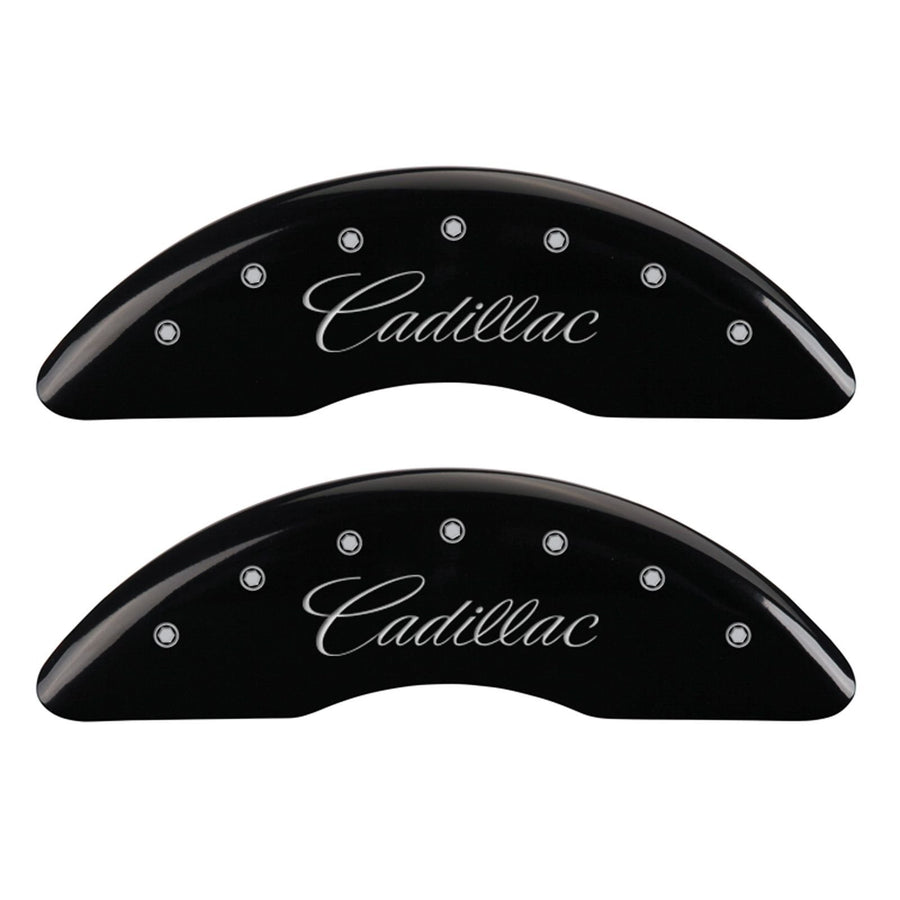 Brake Caliper Covers MGP - Compatible with 2013-2019 Cadillac XTS (Requires 19"+ Wheels) Powder-Coated Finish, 4 PCS Front and Rear (Black - Cadillac Cursive Engraving)
