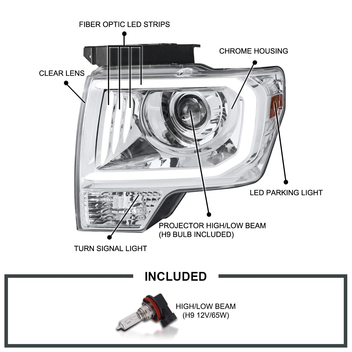 Chrome Projector Headlights w/LED Tube SPEC-D TUNING Compatible with 2009-2014 Ford F150, Left + Right Pair Headlamps Assembly