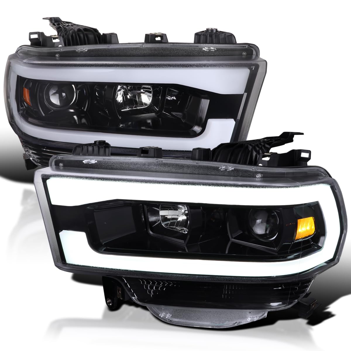 Jet Black SPEC-D TUNING Projector Headlights w/LED Bar Compatible with 2019-2024 Dodge Ram 2500, 3500, 4500, Left + Right Pair Headlamps Assembly