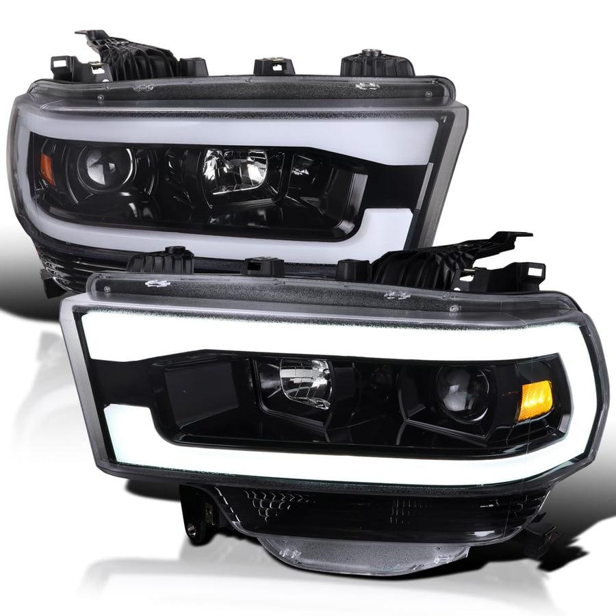 Jet Black SPEC-D TUNING Projector Headlights w/LED Bar Compatible with 2019-2024 Dodge Ram 2500, 3500, 4500, Left + Right Pair Headlamps Assembly