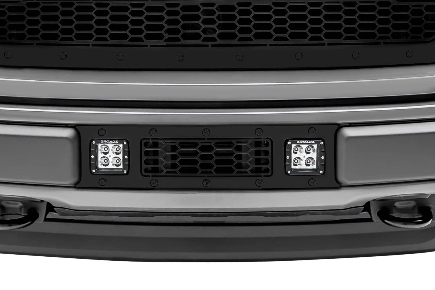 F-150 Limited, Lariat 2018-2020 Stealth Laser Torch Bumper Grille, Black, 1 Pc, Overlay, Black Studs with (2) 3 Inch LED Cube Lights - PN #7325711-BR