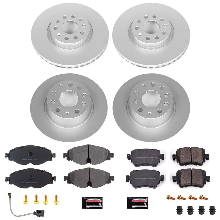 Power Stop Front and Rear CRK8364 Coated Brake Rotors and Z23 Carbon Fiber Brake Pads Kit and 1 Front Sensor Wire For VW GTI, VW Golf Alltrack, VW Passat [Model Specific]
