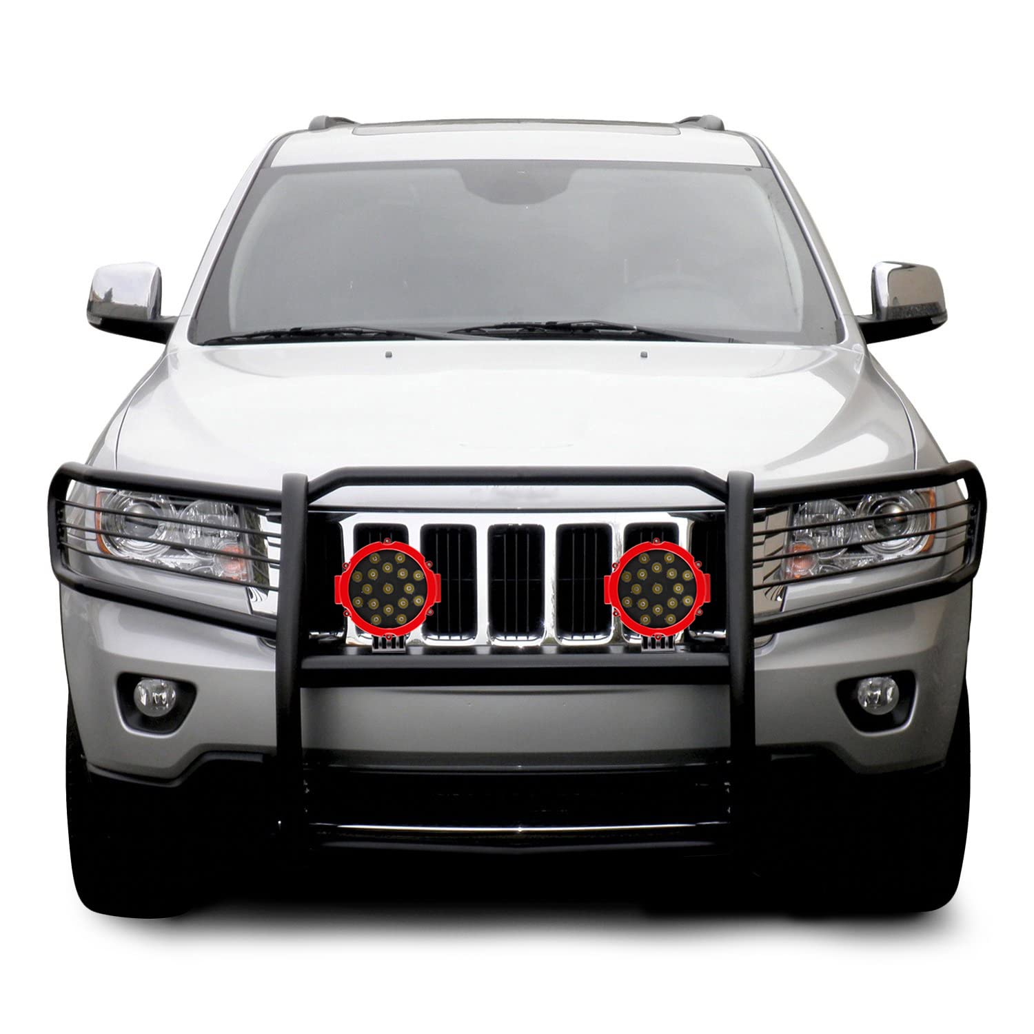 Bumper Guard Black Horse Grille brush Modular Come With pair of 7.0"Dia.LED Lights with Red Trim Rings Compatible with 2011-2021 Jeep Grand Cherokee-17A080202MA-PLR
