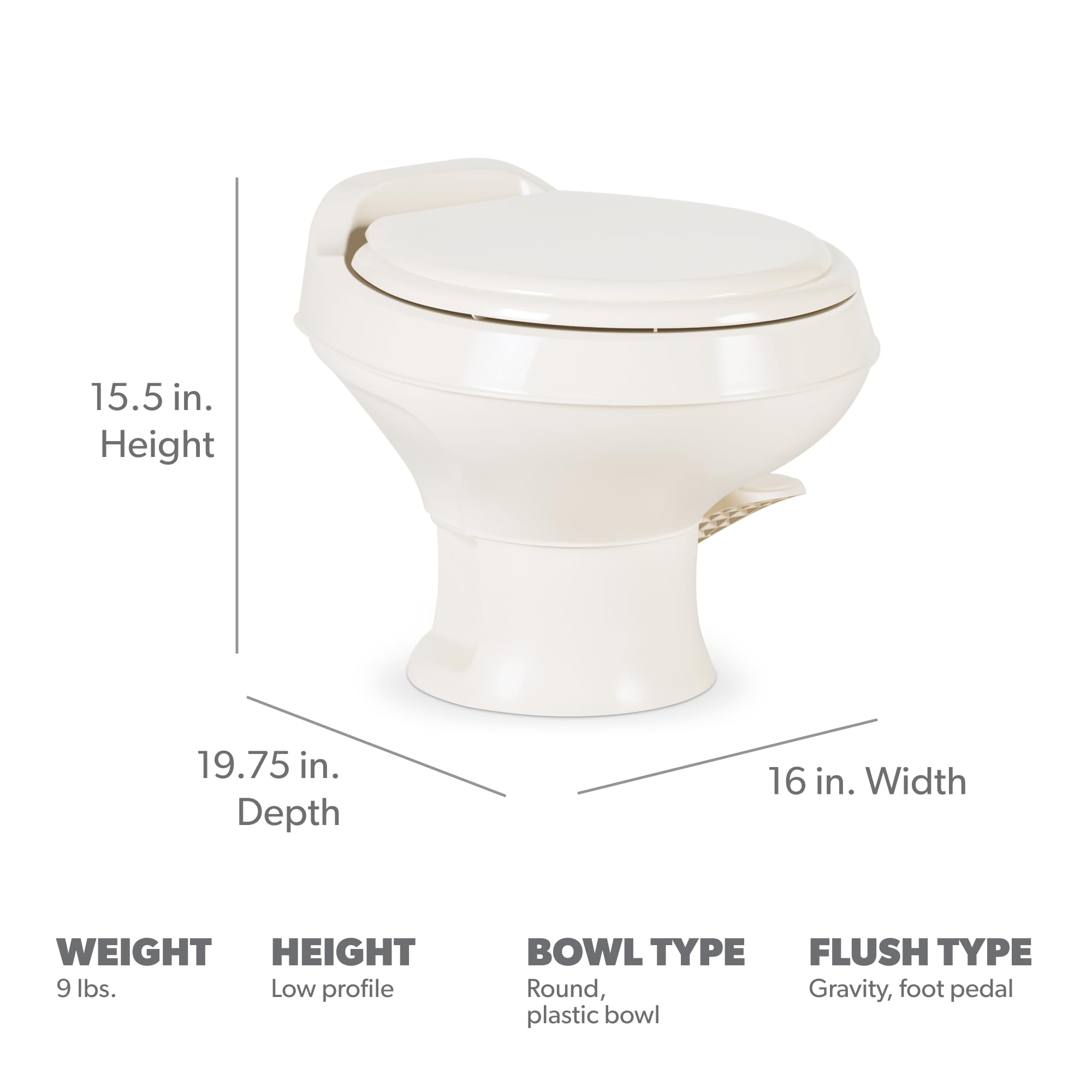 Gravity Flush Toilet Dometic 311 | Bone | Low Profile | Slow-Close Seat | Power Flush, Foot Pedal Flush Operation | 13.5" Seat Height for Compact Areas