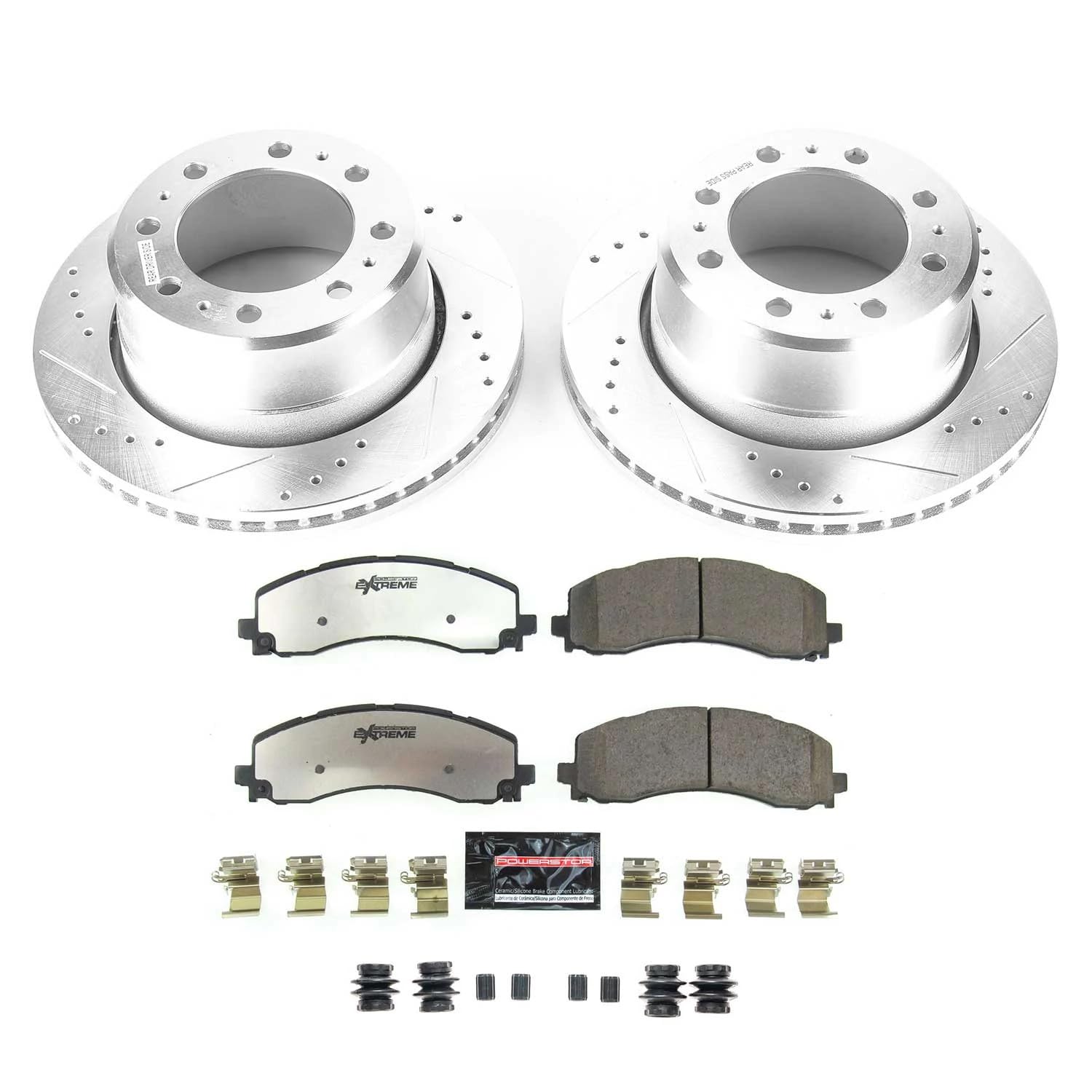 Rear Brake Kit Power Stop For 2019 2020 2021 2022 2023 2024 Ram 3500 - Truck & Tow Carbon Fiber Ceramic Brake Pads & Drilled and Slotted Rotors Replacement, K8637-36