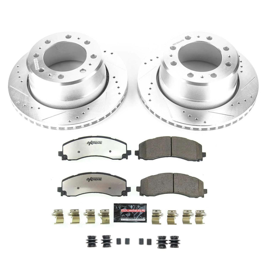 Rear Brake Kit Power Stop For 2019 2020 2021 2022 2023 2024 Ram 3500 - Truck & Tow Carbon Fiber Ceramic Brake Pads & Drilled and Slotted Rotors Replacement, K8637-36
