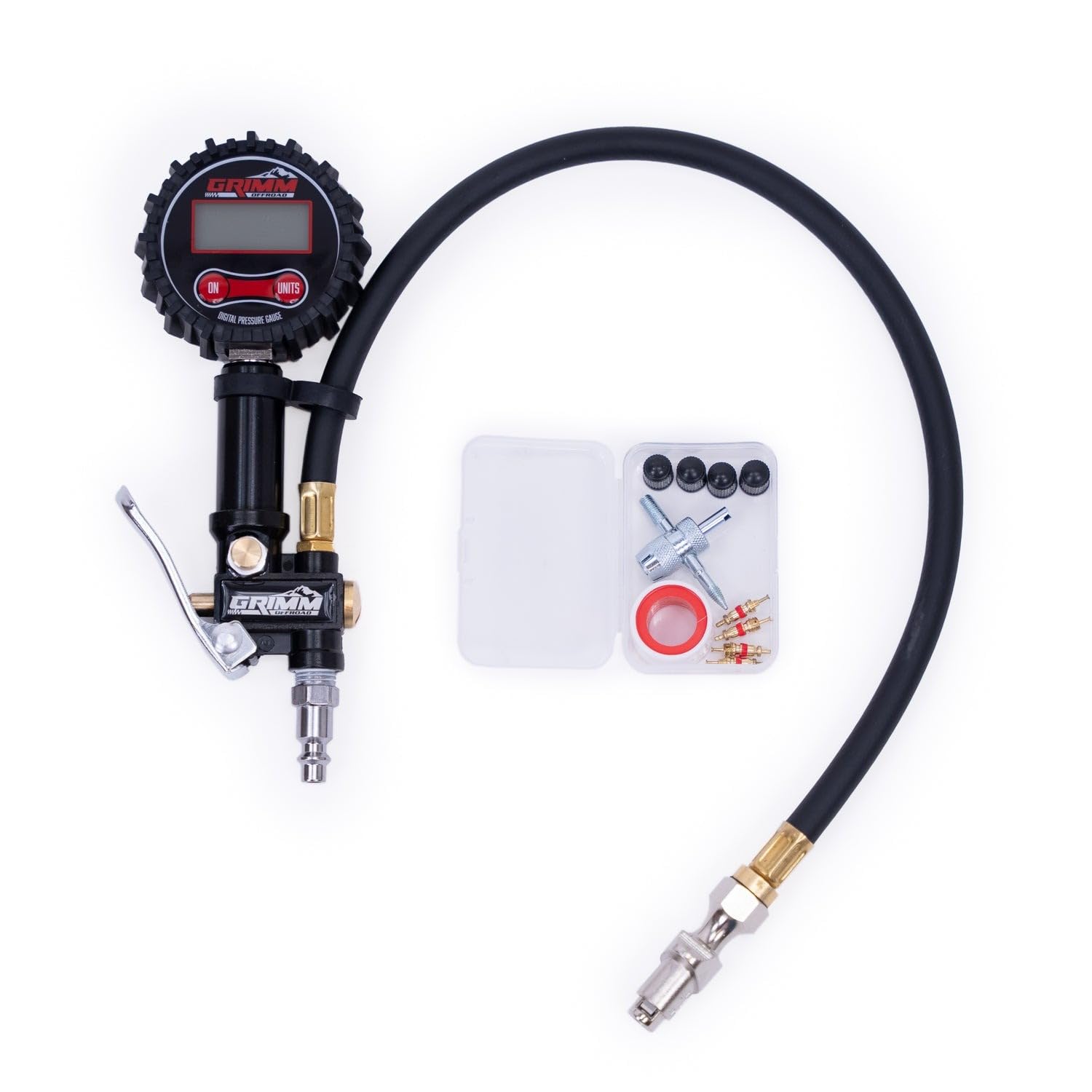 Digital Tire Pressure Gauge Grimm OffRoad with Inflator Kit, 200 PSI Air Compressor Accessories with Air Chuck Quick Connect Coupler, Car Attachments with Rubber Hose for Car, Truck, SUV, Cycle, RV
