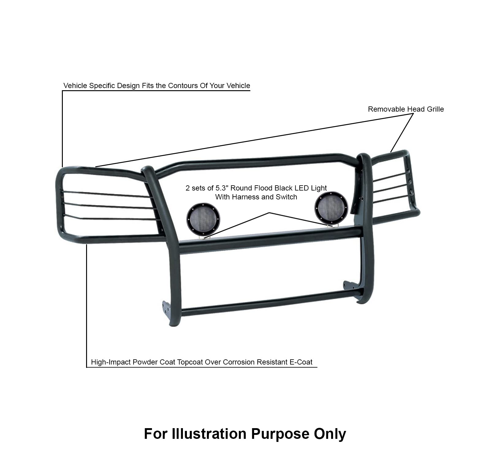 Grille Brush Black Horse Bumper Guard Modular Black Come with Pair of 5.3" Dia.LED Lights with Black Trim Rings Compatible with 2007-2013 GMC Sierra 1500-17GS10MA-PLFB