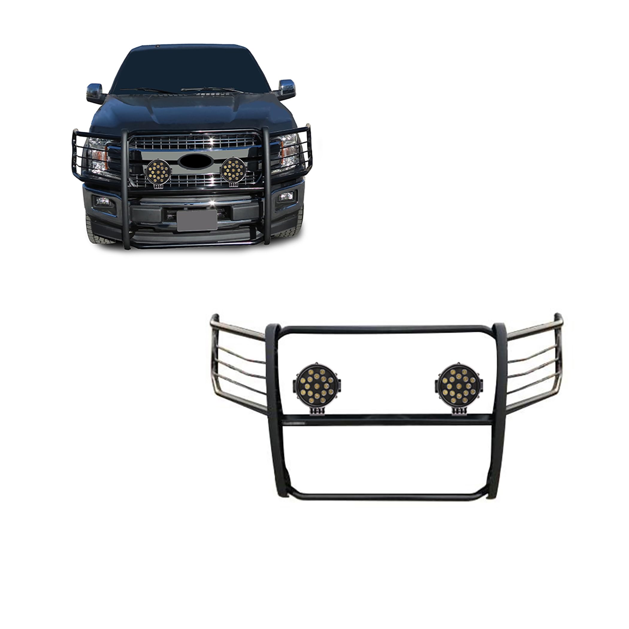 Bumper Guard Modular Black Horse Grille brush Come With pair of 7.0"Dia.LED Lights with Black Trim Rings Compatible with 2015-2024 Ford F-150-17FP32MA-PLB