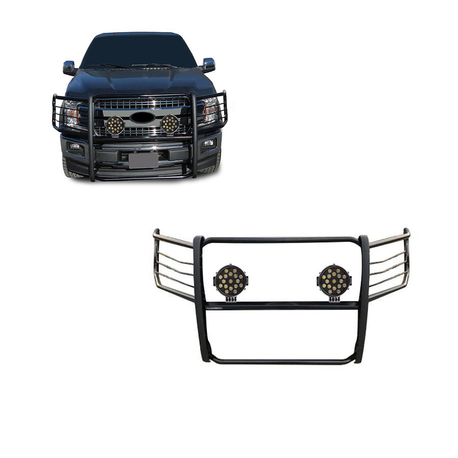 Bumper Guard Modular Black Horse Grille brush Come With pair of 7.0"Dia.LED Lights with Black Trim Rings Compatible with 2015-2024 Ford F-150-17FP32MA-PLB