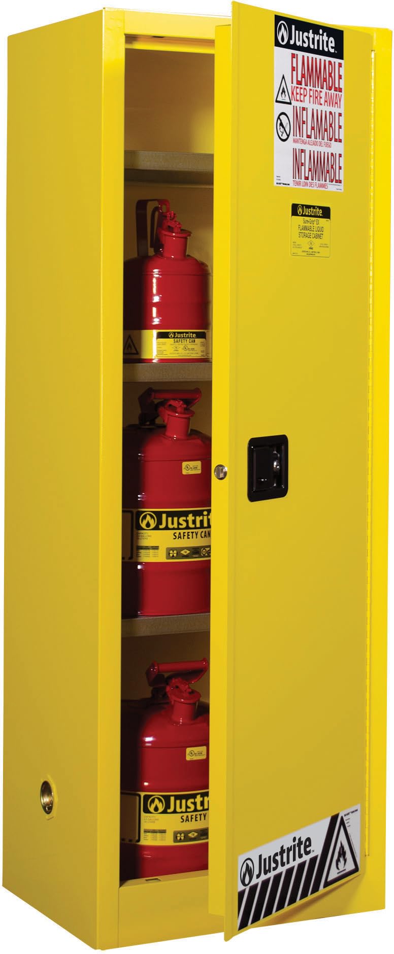Justrite 22 Gallon Slimline Manual Close Flammable Storage Cabinet, 18 Gauge Steel, 3 Shelves, 2 Door Fire Cabinet, 65" x 23" x 18", Made in The USA, Yellow, 892200