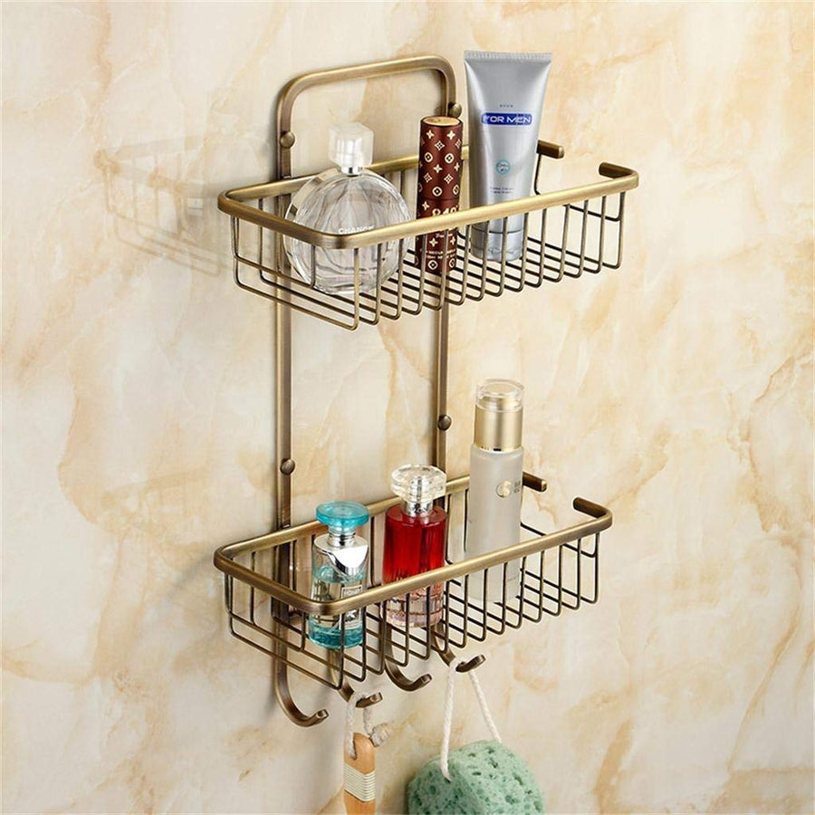 Antique doubledeck basket bathroom shelf/Corner Shelf BTBT, brass, wallmounted, drawing process，29.5 * 13 * 49cm Bathroom Shelf