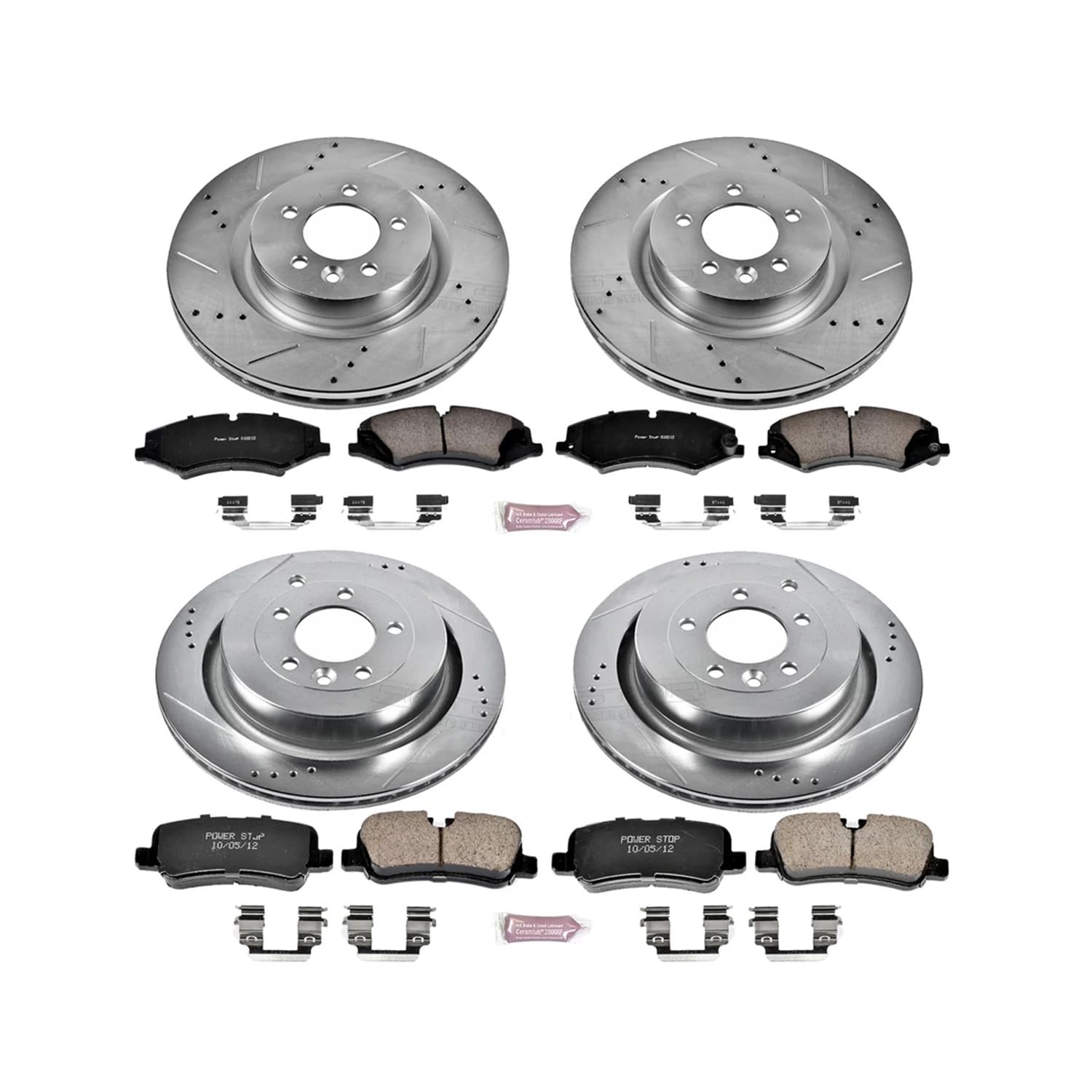 Power Stop K6227 Z23 Carbon Fiber Brake Pads Front and Rear with Drilled & Slotted Brake Rotors Kit and 1 Front & 1 Rear Sensor Wires