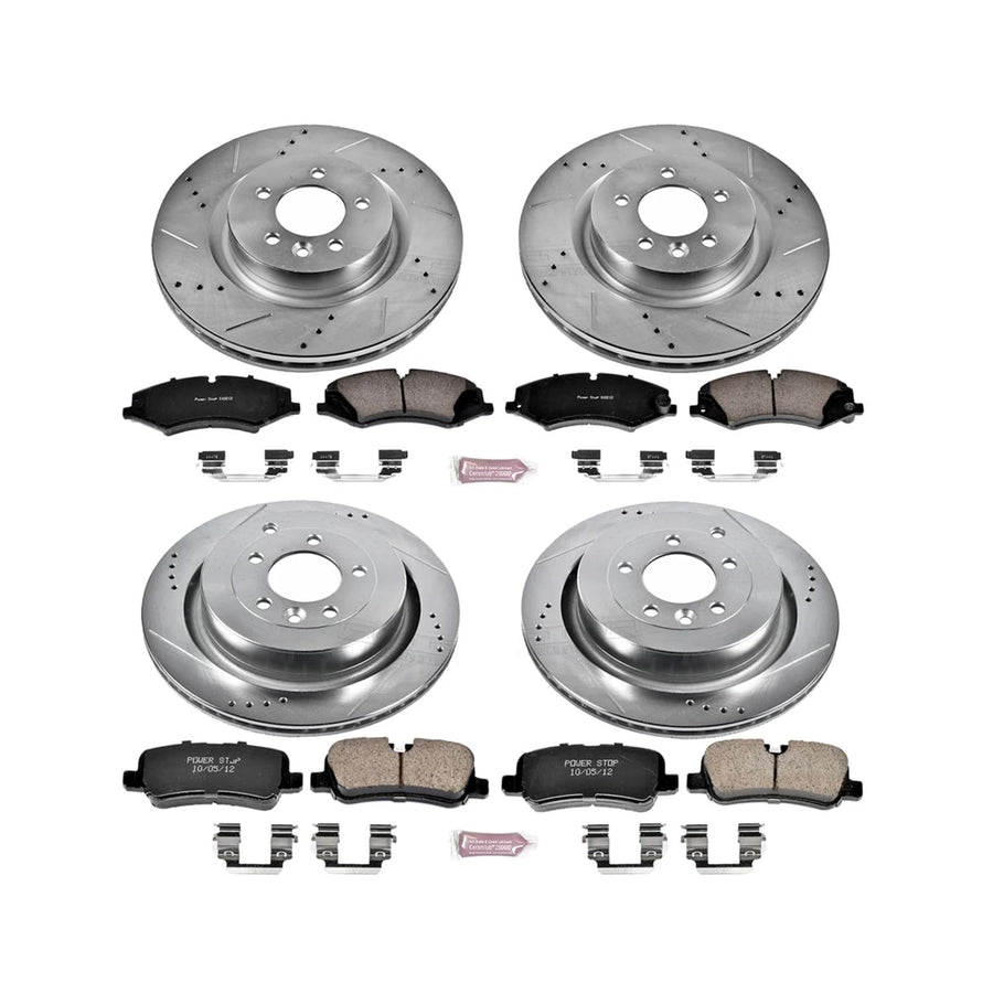 Power Stop K6227 Z23 Carbon Fiber Brake Pads Front and Rear with Drilled & Slotted Brake Rotors Kit and 1 Front & 1 Rear Sensor Wires