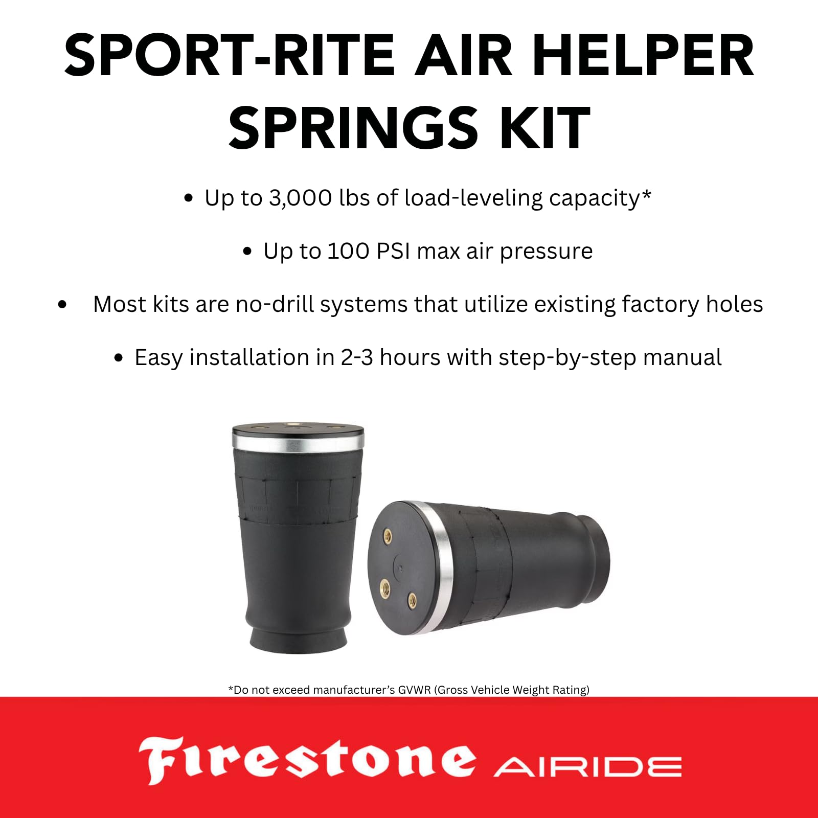 Firestone 2320 Airide Sport-Rite Rear Springs Kit fits 1999-2006 Silverado Sierra 1500 and 1997-2004 F150 Heritage / F150 | 10-100 PSI | Load Capacity of 3,000 Pounds | Easy to Install