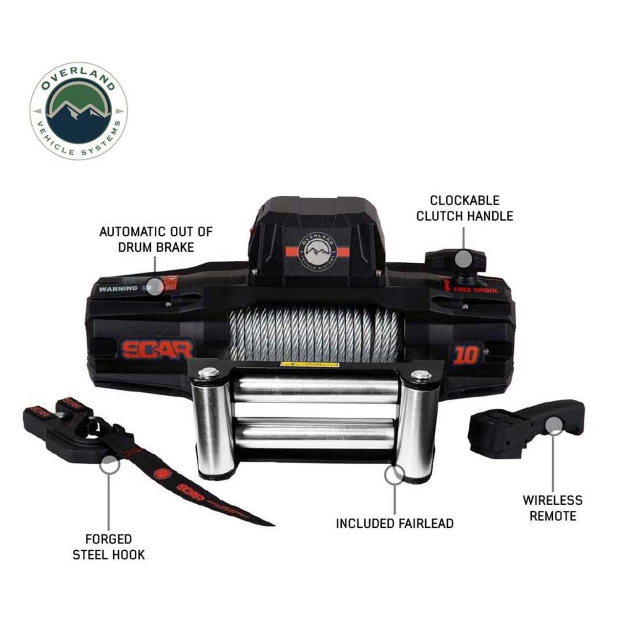 Scar 10 Overland Vehicle Systems Off Road Recovery Winch 10,000lb with Steel Cable and Wireless Remote
