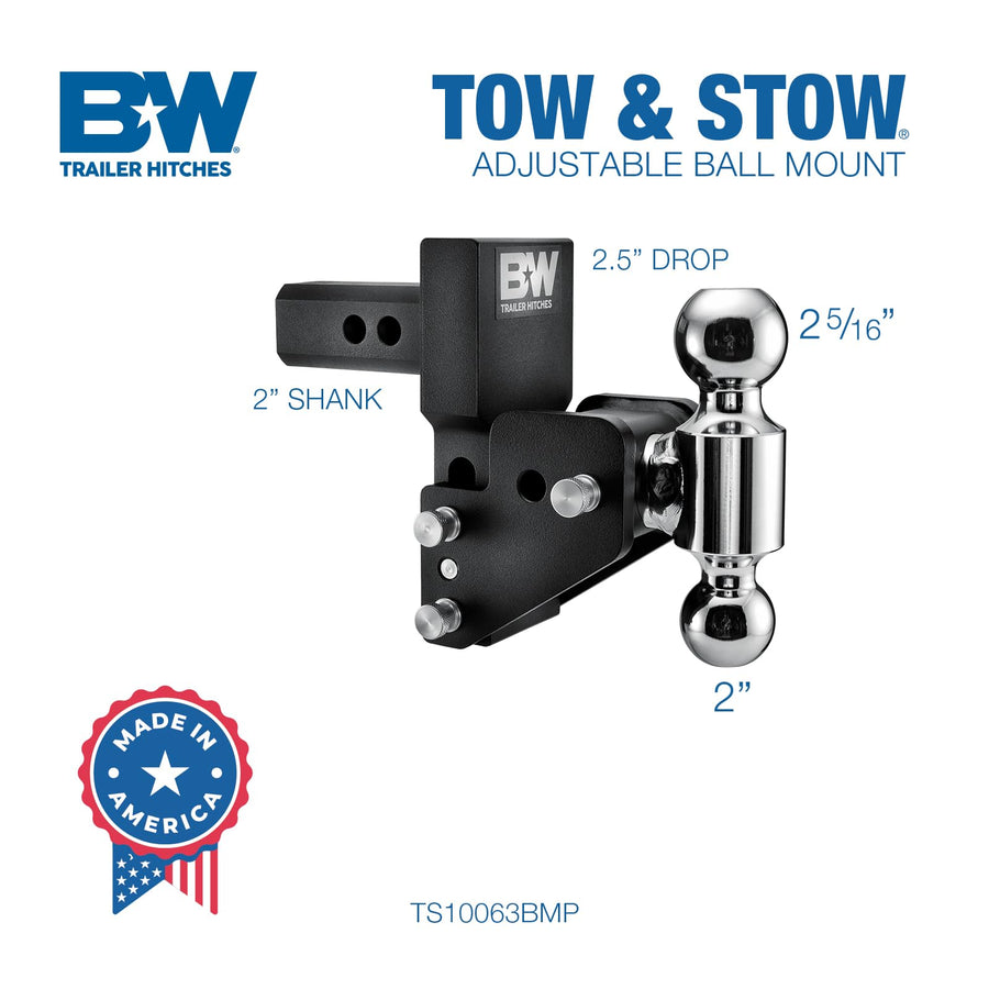 MultiPro Tow & Stow B&W Trailer Hitches Adjustable Trailer Hitch Ball Mount Compatible with MultiPro Tailgate - Fits 2" Receiver, Dual Ball (2" x 2-5/16"), 2.5" Drop, 10,000 GTW -TS10063BMP