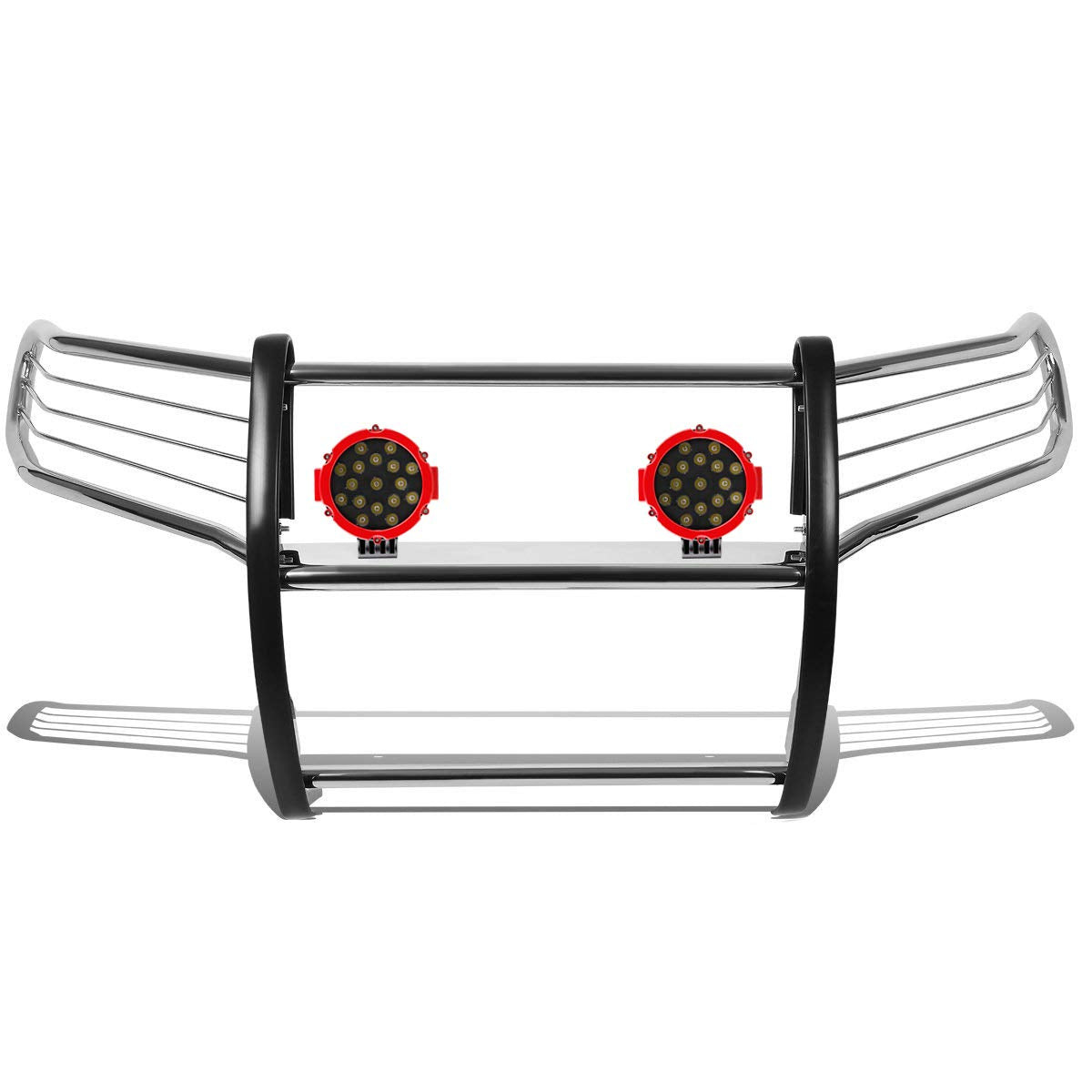 Bumper Guard Modular Black Horse Grille brush Stainless Steel Come With pair of 7.0"Dia.LED Lights with Red Trim Rings Compatible with 2010-2023 Toyota 4Runner-17TU31MSS-PLR