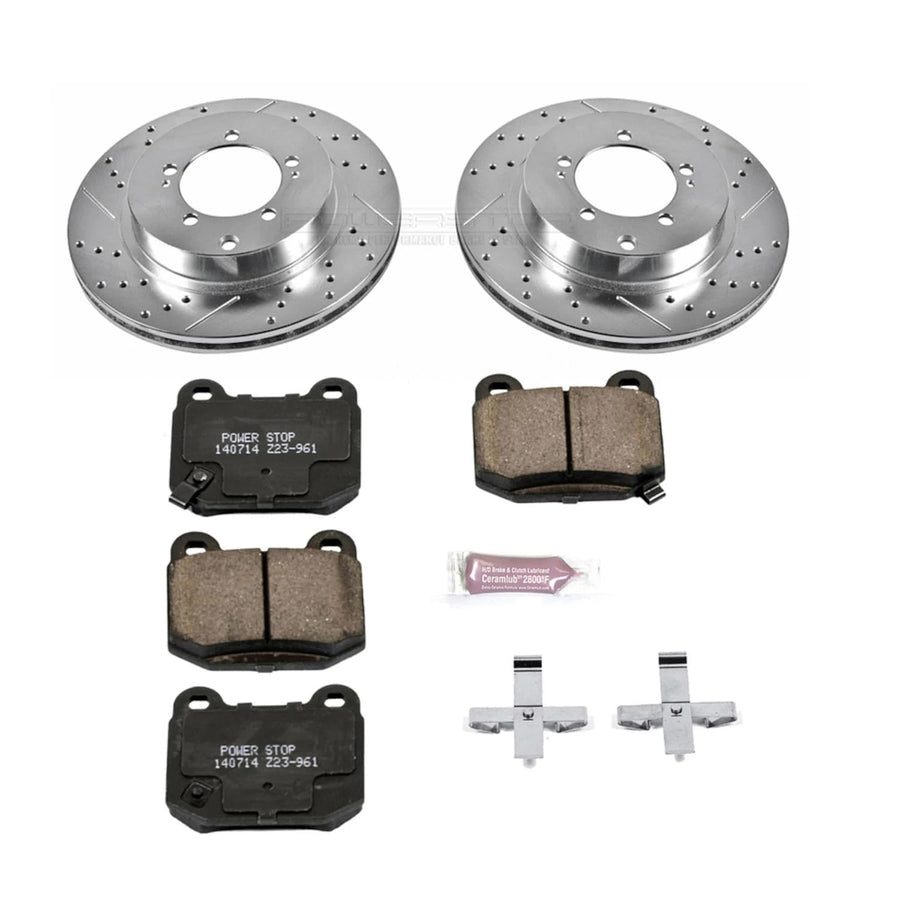 Power Stop K156 Z23 Rear Carbon Fiber Brake Pads with Drilled & Slotted Brake Rotors Kit For Mitsubishi Lancer 2003-2006 [Model Specific]